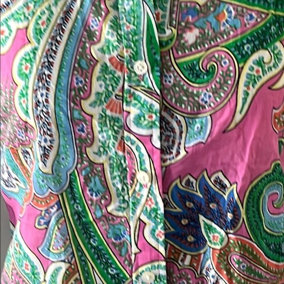 Ralph Lauren Green and Pink Cotton Paisley 3/4 Sleeve Button Down Shirt - Picture 3 of 7